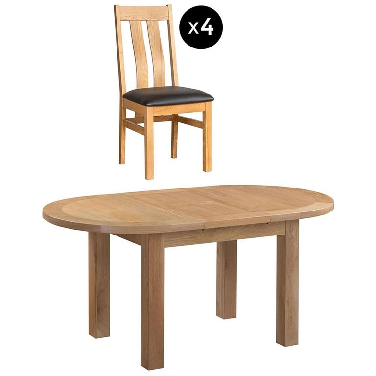 Appleby Extending Dining Set - 4-6 Seater - 130cm-170cm - Oak - with 4 Arizona Slatted Chairs - Black Faux Leather Seat Pad