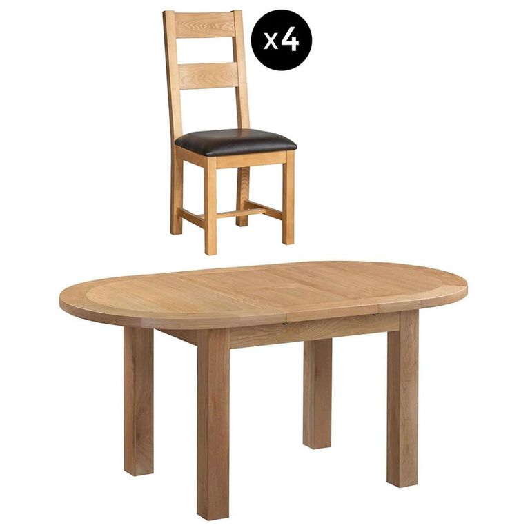 Appleby Extending Dining Set - 4-6 Seater - 130cm-170cm - Oak - with 4 Ladder Back Chairs - Black Faux Leather Seat Pad