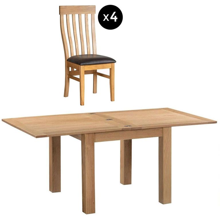 Appleby Flip Top Extending Dining Set - 2-6 Seater - 91cm-183cm - Oak - with 4 Toulouse Chairs - Black Faux Leather Seat Pad