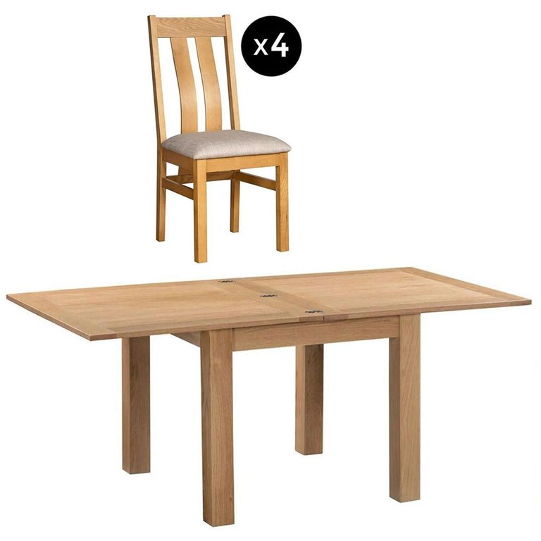 Appleby Flip Top Extending Dining Set - 2-6 Seater - 91cm-183cm - Oak - with 4 Arizona Slatted Chairs - Beige Fabric Seat Pad