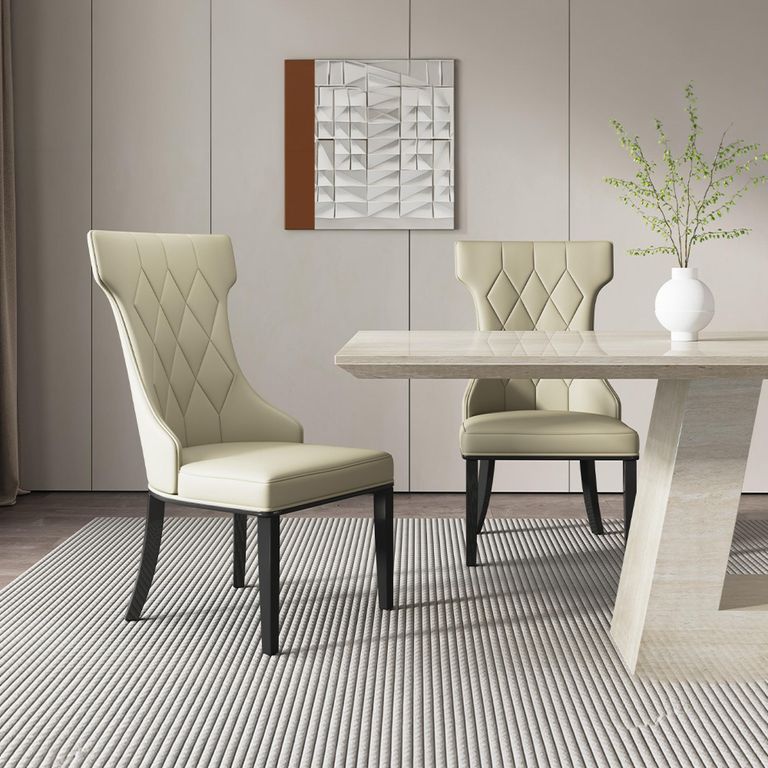 Milan Travertine Beige Engineered Marble Dining Set - Mimi Cream Leather Dining Chair