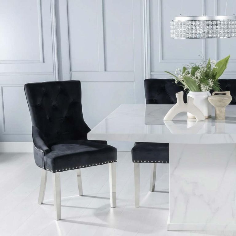 Turin Dining Set - 8 Seater - 140cm - Square - White Marble - Lion Head Ring Back Dining Chairs - Black Fabric - Chrome Legs