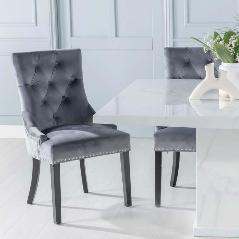 Turin Dining Set - 8 Seater - 140cm - Square - White Marble - Lion Head Ring Back Dining Chairs - Grey Fabric - Black Legs