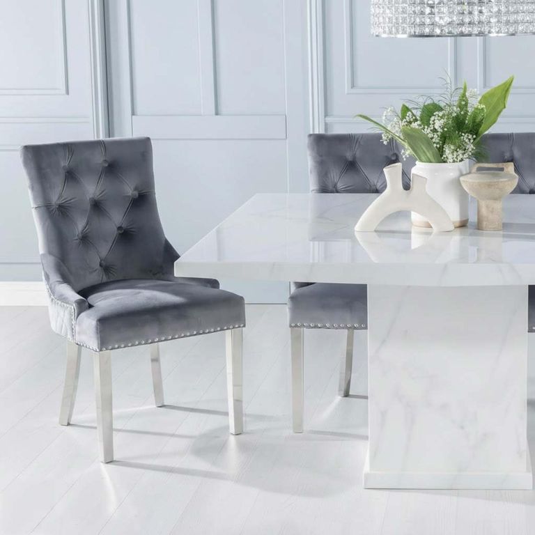 Turin Dining Set - 8 Seater - 140cm - Square - White Marble - Lion Head Ring Back Dining Chairs - Grey Fabric - Chrome Legs
