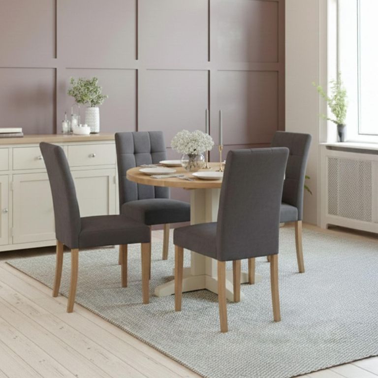 Lundy Round Drop Leaf Dining Set - 2-4 Seater - 30cm-90cm - Ivory Painted - 4 Graphite Fabric Dining Chair
