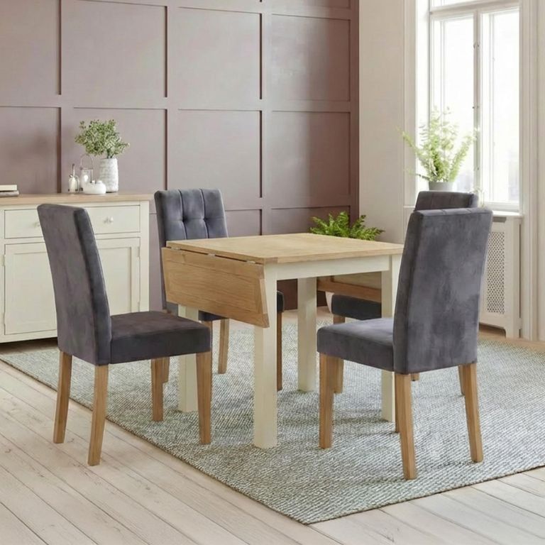 Lundy Square Drop Leaf Dining Set - 2-4 Seater - 30cm-90cm - Ivory Painted - 4 Graphite Fabric Dining Chair