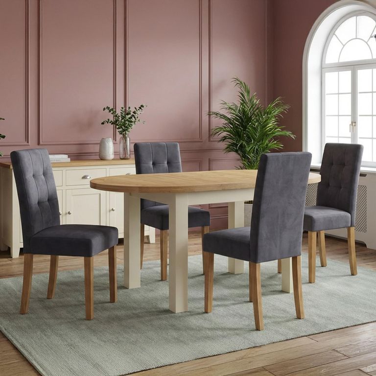 Lundy Oval Extending Dining Set - 4-6 Seater - 130cm-170cm - Ivory Painted - 4 Graphite Fabric Dining Chair