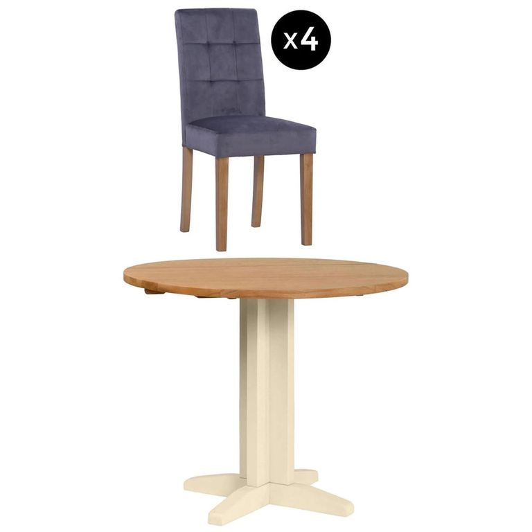 Lundy Round Drop Leaf Dining Set - 2-4 Seater - 30cm-90cm - Ivory Painted - 4 Graphite Fabric Dining Chair