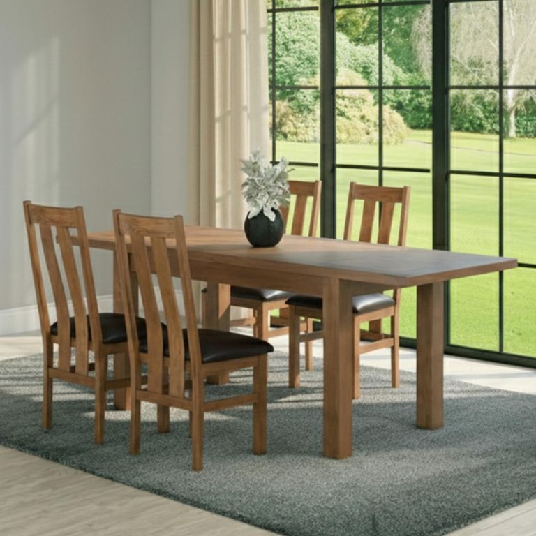 Original Extending Dining Set - 4-8 Seater - 131cm-198cm - Rustic Oak - 4 Arizona Slatted Chair with Dark Brown Faux Leather Seat Pad