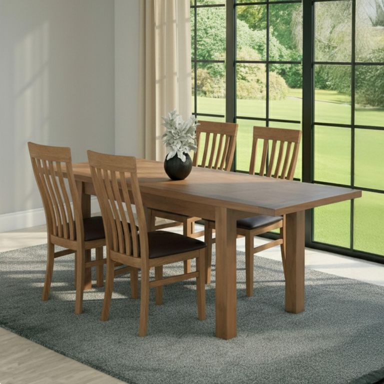 Original Extending Dining Set - 4-8 Seater - 131cm-198cm - Rustic Oak - 4 Toulouse Slatted Chair with Dark Brown Faux Leather Seat Pad