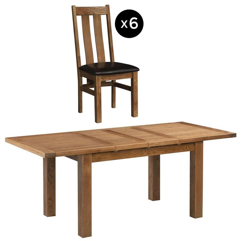Original Extending Dining Set - 6-8 Seater - 180cm-250cm - Rustic Oak - 6 Arizona Slatted Chair with Dark Brown Faux Leather Seat Pad