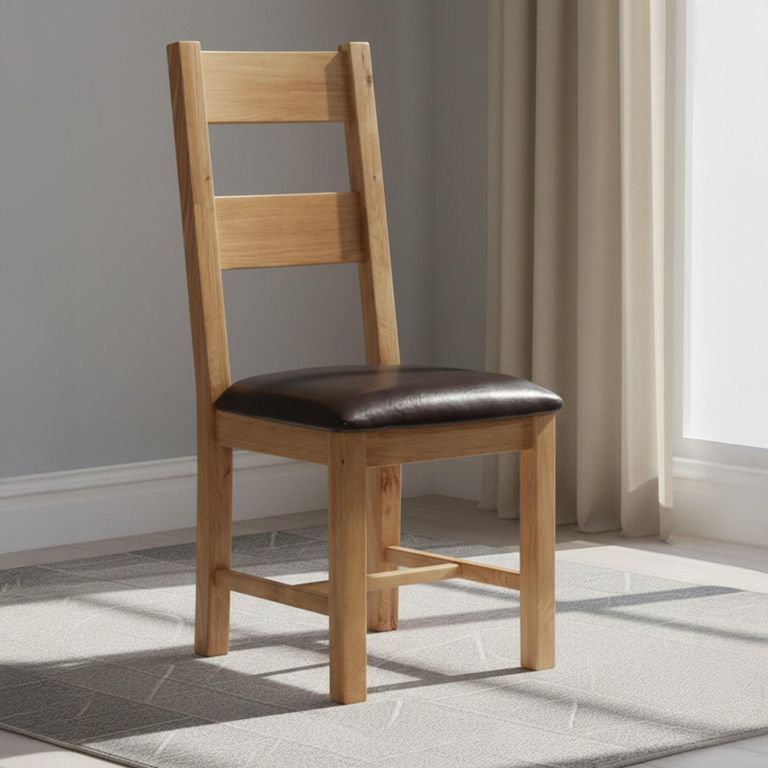 Original Extending Dining Set - 6-8 Seater - 180cm-250cm - Rustic Oak - 6 Ladder Back Chair with Dark Brown Faux Leather Seat Pad