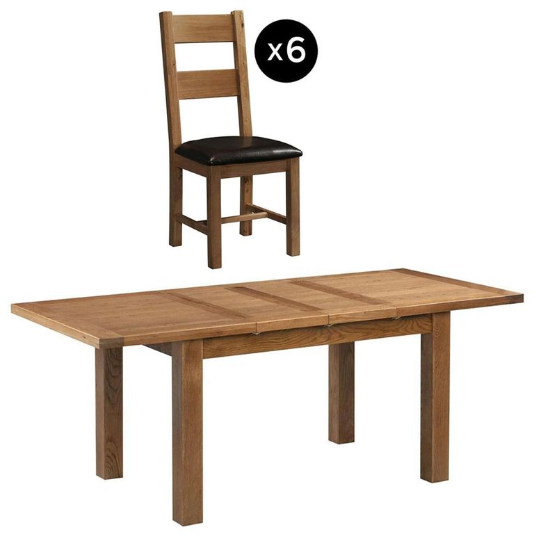 Original Extending Dining Set - 6-8 Seater - 180cm-250cm - Rustic Oak - 6 Ladder Back Chair with Dark Brown Faux Leather Seat Pad