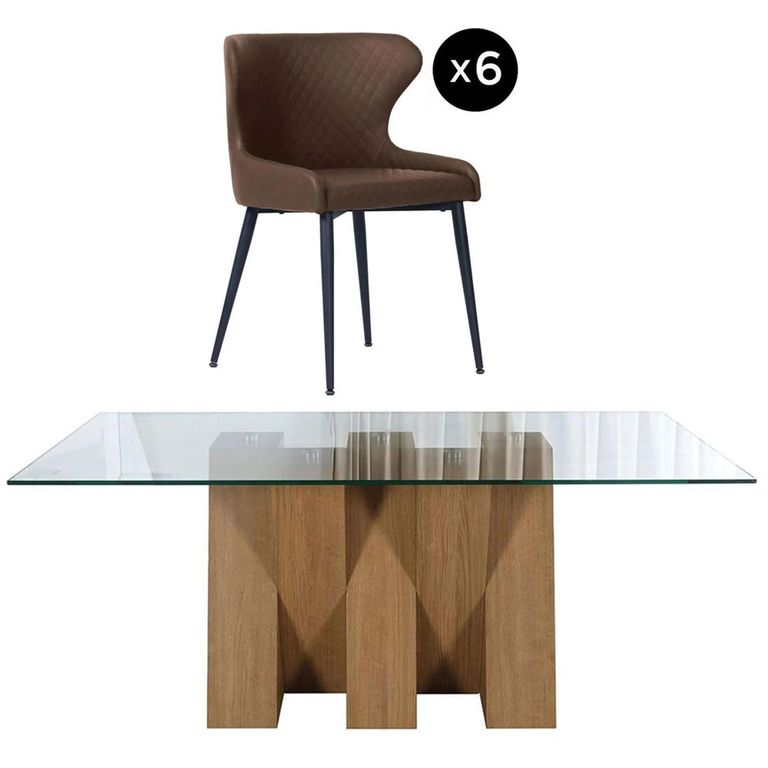 Newton Dining Set - 6 Seater - 180cm - Clear Glass and Natural - 6 Langley Brown Faux Leather Chair