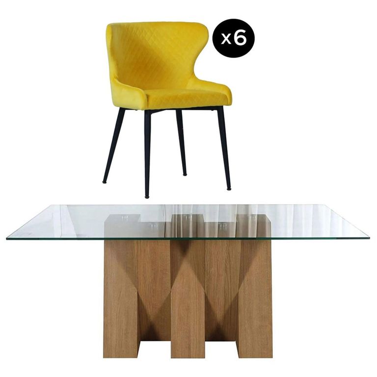Newton Dining Set - 6 Seater - 180cm - Clear Glass and Natural - 6 Langley Yellow Fabric Chair