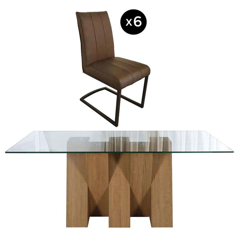 Newton Dining Set - 6 Seater - 180cm - Clear Glass and Natural - 6 Tira Vintage Brown Faux Leather Cantilever Chair