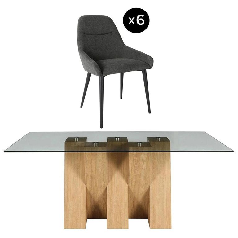Newton Dining Set - 6 Seater - 180cm - Smoked Glass and Natural - 6 Claflin Dark Grey Fabric Chair
