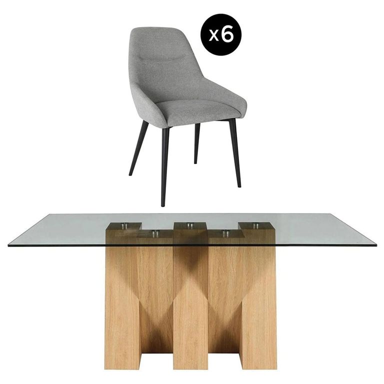 Newton Dining Set - 6 Seater - 180cm - Smoked Glass and Natural - 6 Claflin Grey Fabric Chair