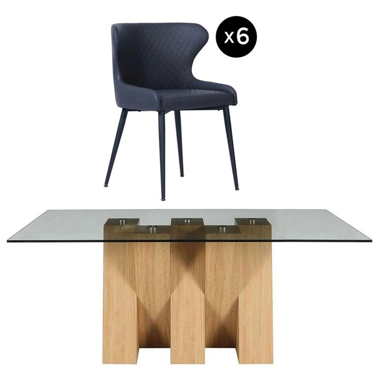 Newton Dining Set - 6 Seater - 180cm - Smoked Glass and Natural - 6 Langley Grey Faux Leather Chair