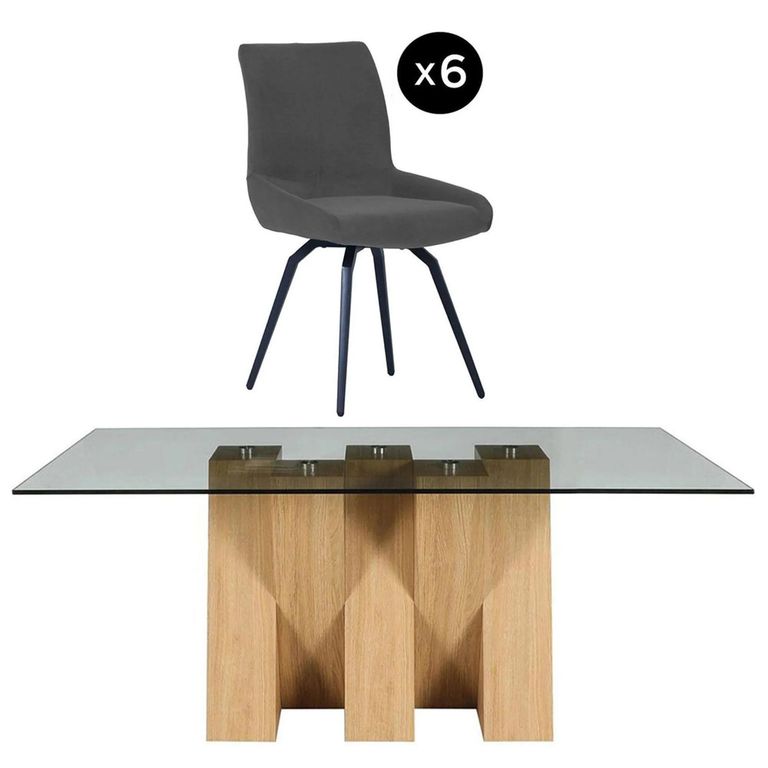 Newton Dining Set - 6 Seater - 180cm - Smoked Glass and Natural - 6 Malcom Dark Grey Fabric Swivel Chair