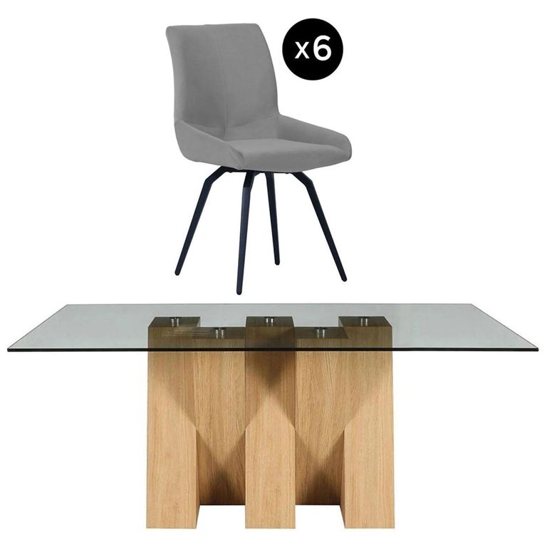 Newton Dining Set - 6 Seater - 180cm - Smoked Glass and Natural - 6 Malcom Grey Fabric Swivel Chair