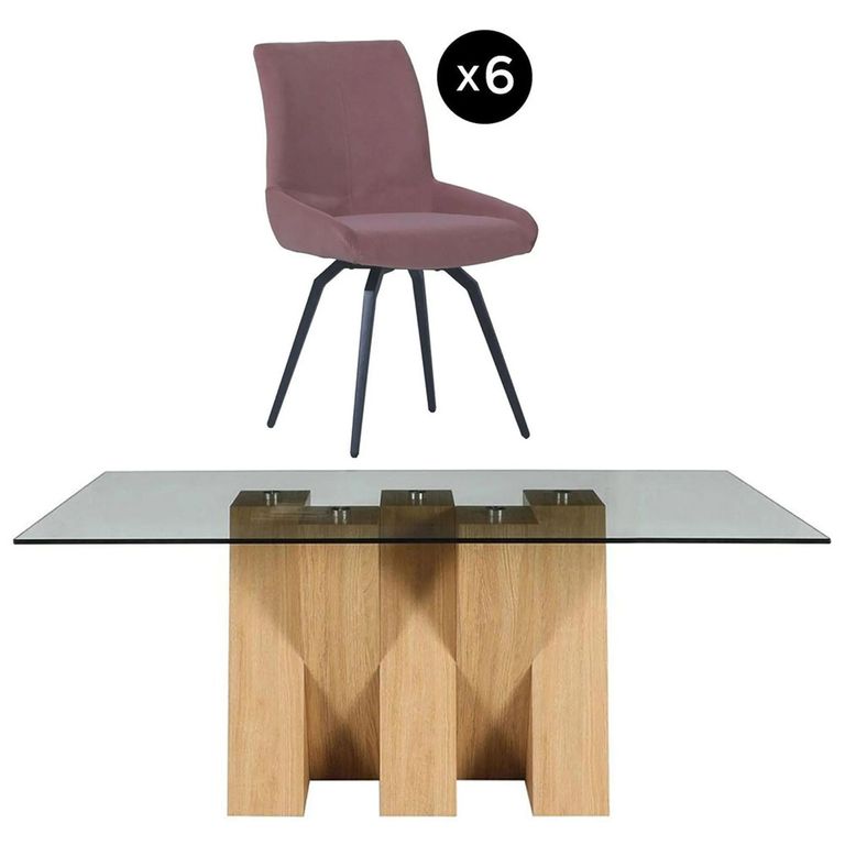 Newton Dining Set - 6 Seater - 180cm - Smoked Glass and Natural - 6 Malcom Pink Fabric Swivel Chair