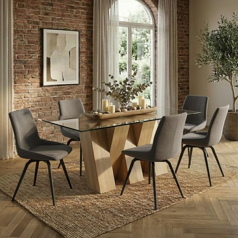 Newton Dining Set - 6 Seater - 180cm - Clear Glass and Natural - 6 Malcom Dark Grey Fabric Swivel Chair