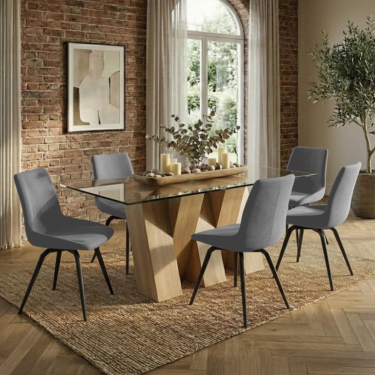 Newton Dining Set - 6 Seater - 180cm - Clear Glass and Natural - 6 Malcom Grey Fabric Swivel Chair