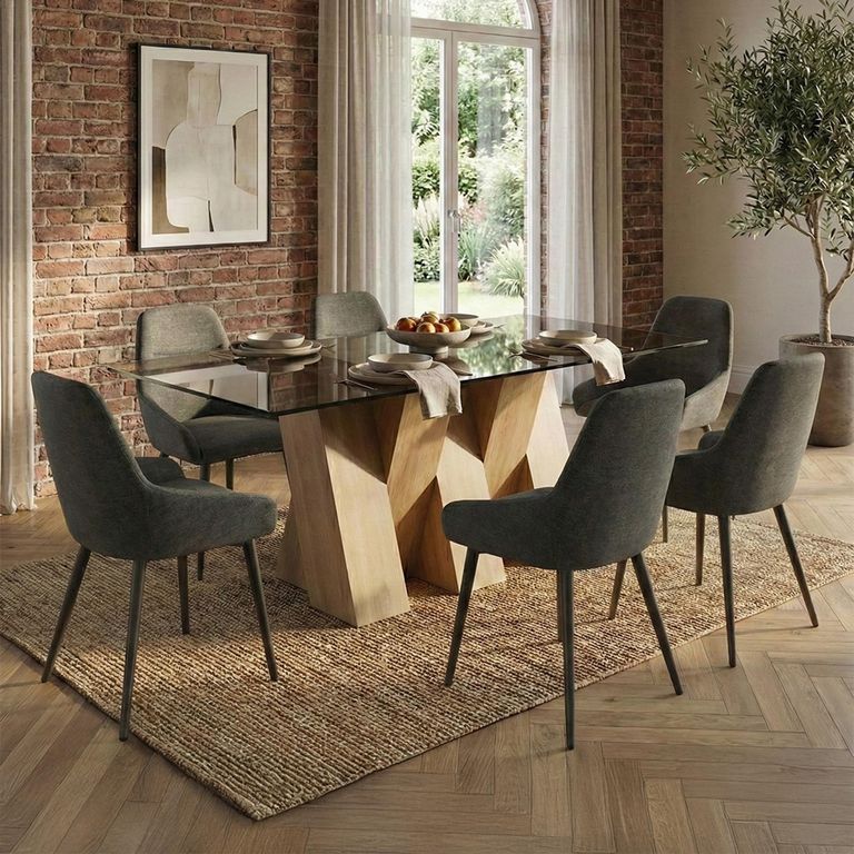 Newton Dining Set - 6 Seater - 180cm - Smoked Glass and Natural - 6 Claflin Dark Grey Fabric Chair