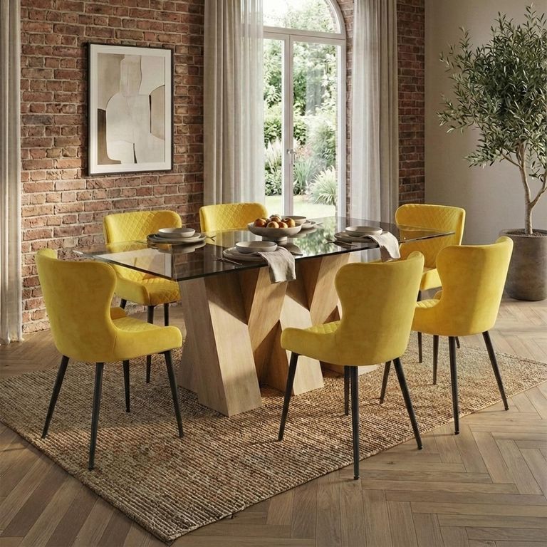 Newton Dining Set - 6 Seater - 180cm - Smoked Glass and Natural - 6 Langley Yellow Fabric Chair