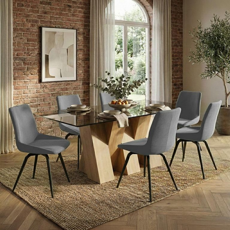 Newton Dining Set - 6 Seater - 180cm - Smoked Glass and Natural - 6 Malcom Grey Fabric Swivel Chair