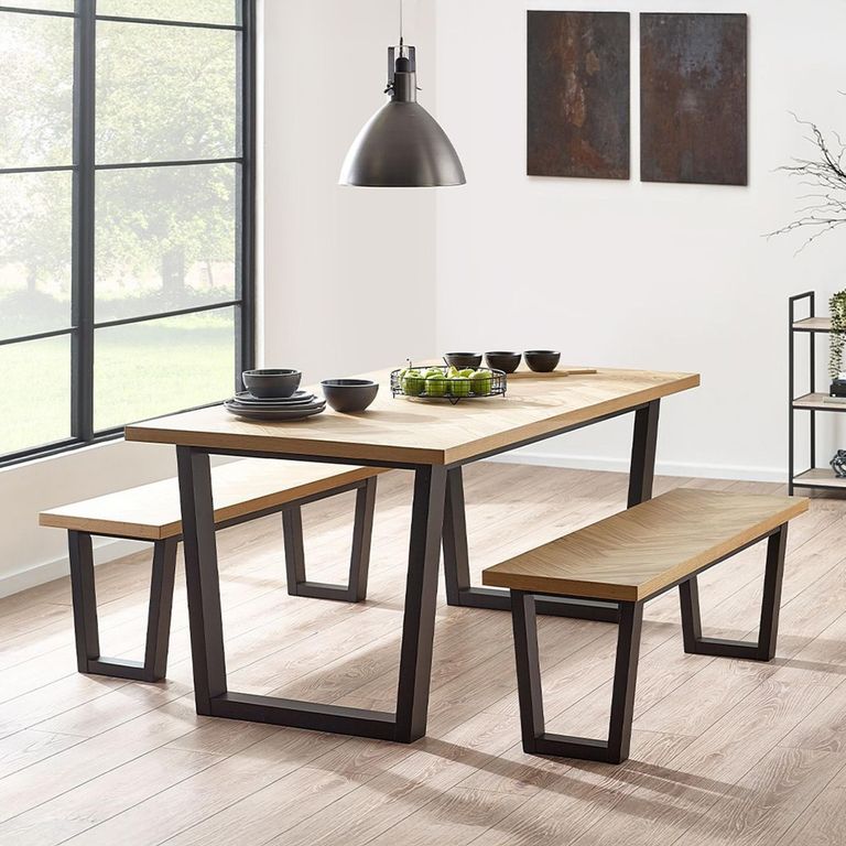 Hilton Dining Set - 180cm - 6 Seater - Herringbone - 2 Benches - Oak