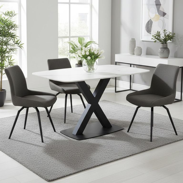 Vernal Dining Set - 4 Seater - 130cm - White Sintered Stone - 4 Malcom Dark Grey Fabric Swivel Chair