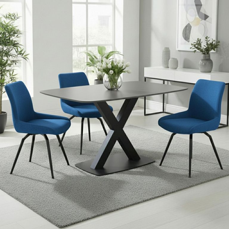 Vernal Dining Set - 4 Seater - 130cm - Grey Sintered Stone - 4 Malcom Blue Fabric Swivel Chair
