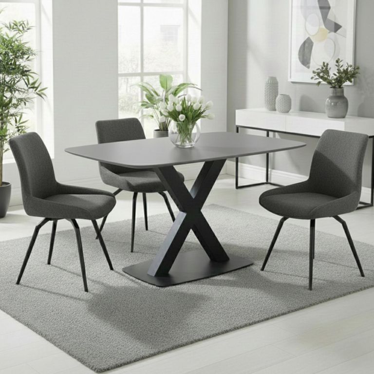 Vernal Dining Set - 4 Seater - 130cm - Grey Sintered Stone - 4 Malcom Dark Grey Fabric Swivel Chair
