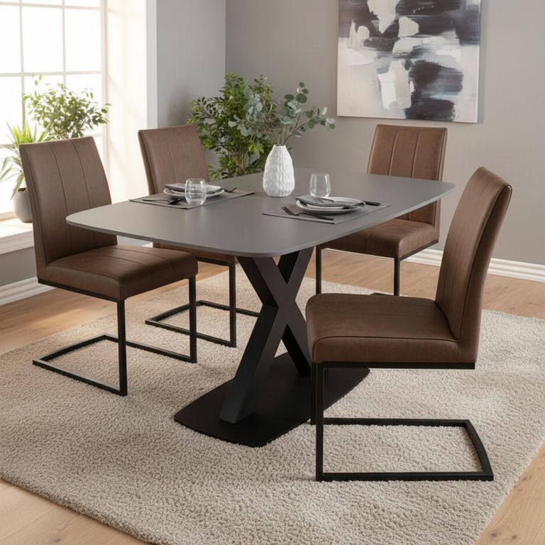 Vernal Dining Set - 4 Seater - 130cm - Grey Sintered Stone - 4 Tira Vintage Brown Faux Leather Cantilever Chair