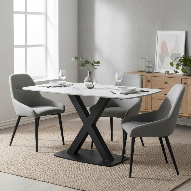 Vernal Dining Set - 4 Seater - 130cm - White Sintered Stone - 4 Claflin Grey Fabric Chair