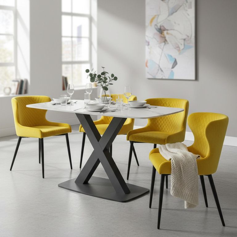 Vernal Dining Set - 4 Seater - 130cm - White Sintered Stone - 4 Langley Yellow Fabric Chair