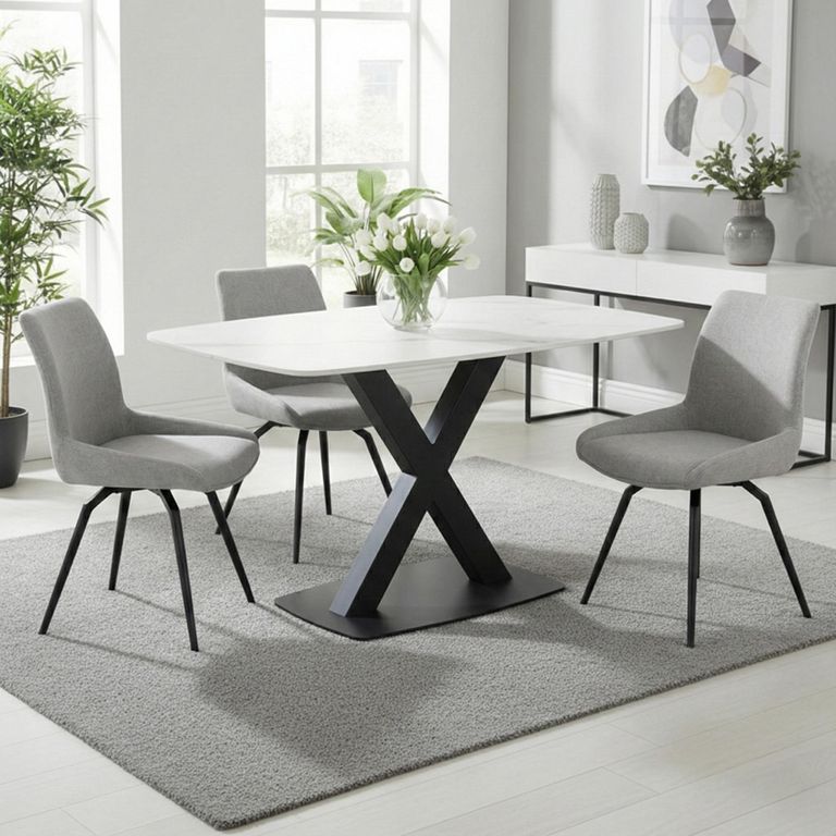 Vernal Dining Set - 4 Seater - 130cm - White Sintered Stone - 4 Malcom Grey Fabric Swivel Chair
