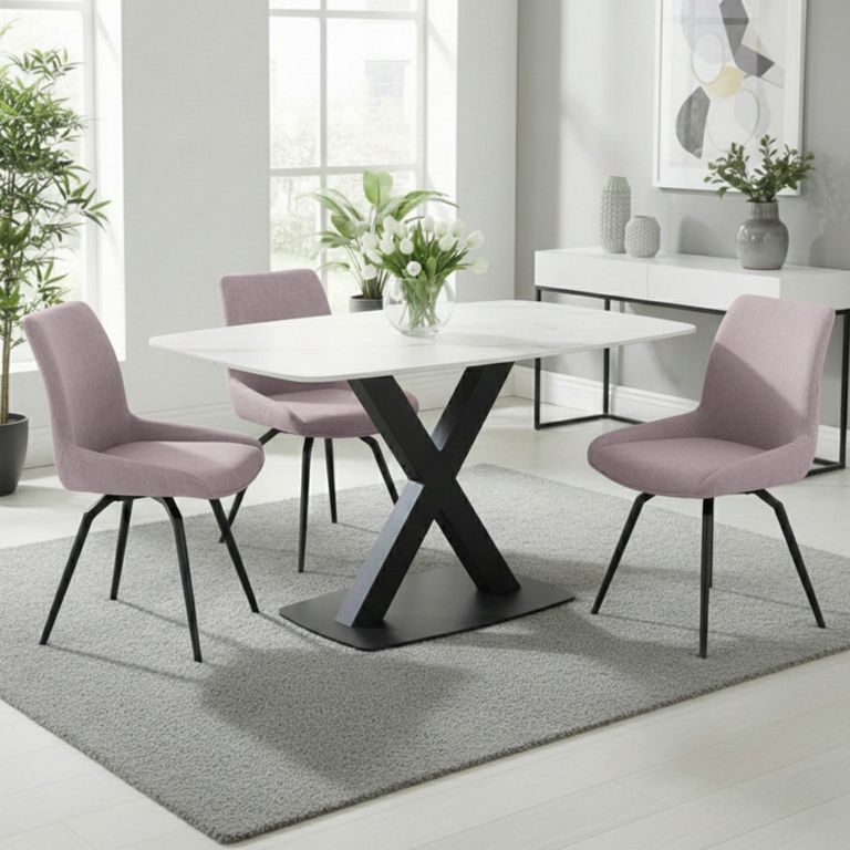 Vernal Dining Set - 4 Seater - 130cm - White Sintered Stone - 4 Malcom Pink Fabric Swivel Chair