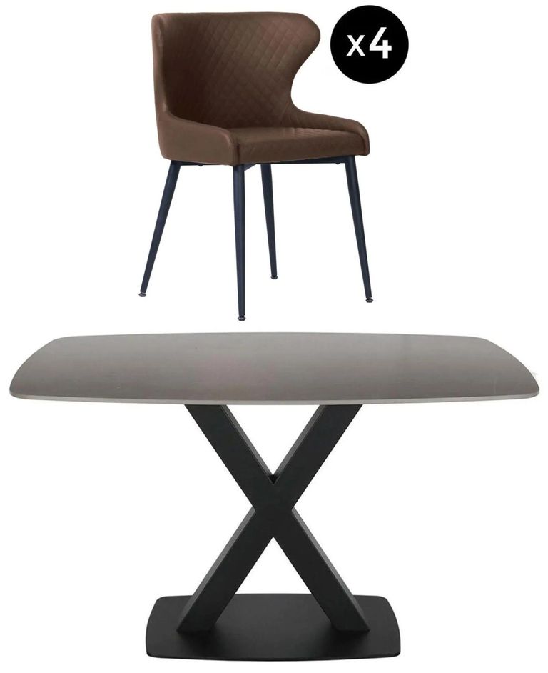 Vernal Dining Set - 4 Seater - 130cm - Grey Sintered Stone - 4 Langley Brown Faux Leather Chair