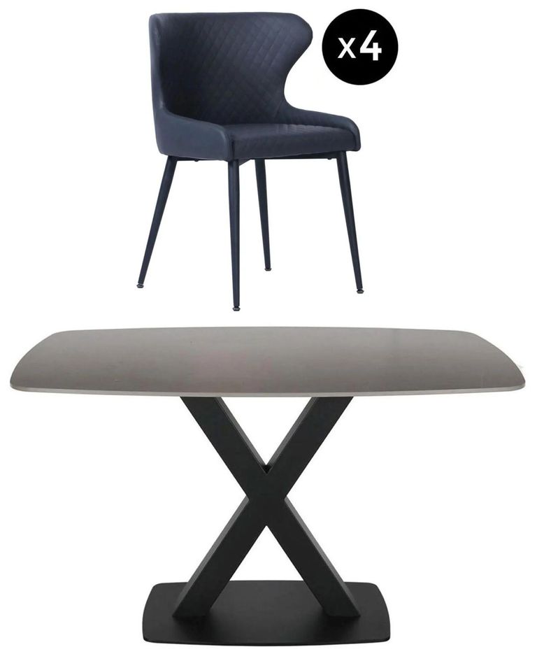 Vernal Dining Set - 4 Seater - 130cm - Grey Sintered Stone - 4 Langley Grey Faux Leather Chair