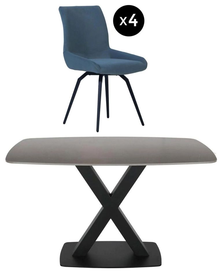 Vernal Dining Set - 4 Seater - 130cm - Grey Sintered Stone - 4 Malcom Blue Fabric Swivel Chair