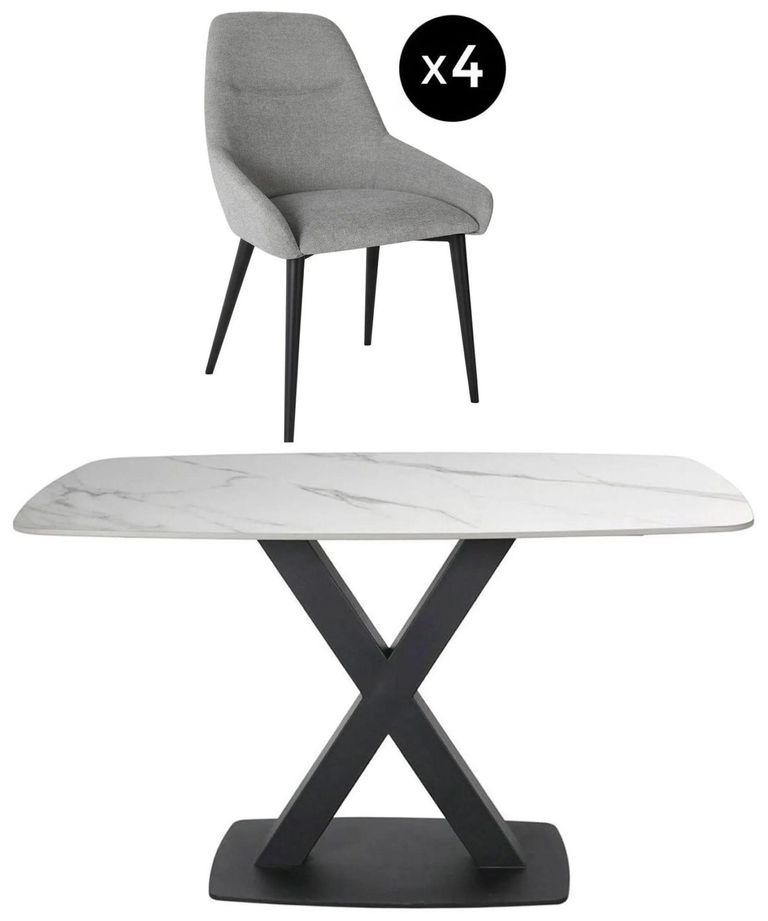 Vernal Dining Set - 4 Seater - 130cm - White Sintered Stone - 4 Claflin Grey Fabric Chair