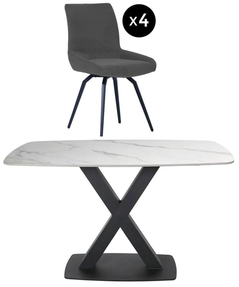 Vernal Dining Set - 4 Seater - 130cm - White Sintered Stone - 4 Malcom Dark Grey Fabric Swivel Chair