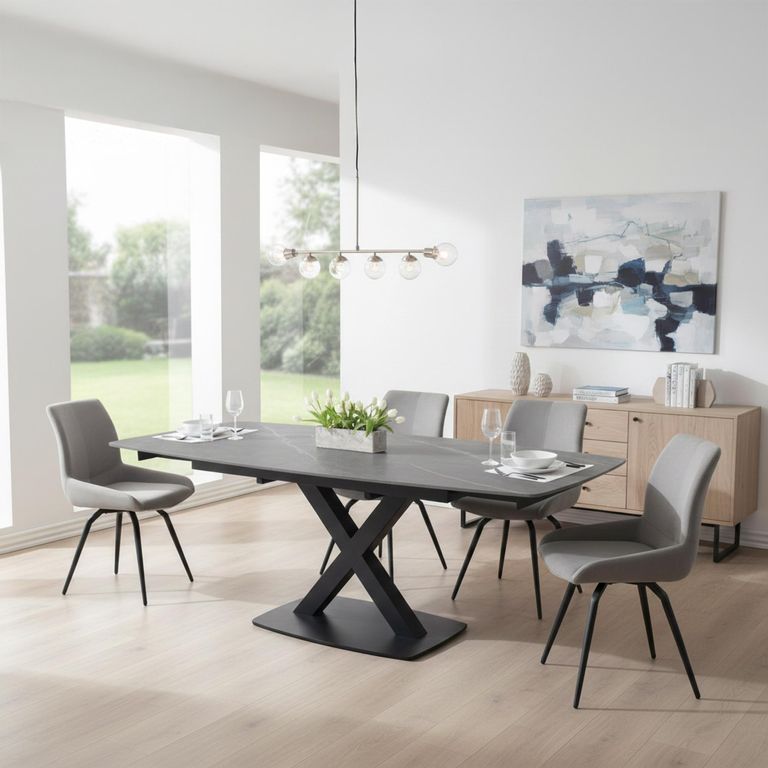 Vernal Extending Dining Set - 4-8 Seater - 140cm-200cm - Grey Sintered Stone - 4 Malcom Grey Fabric Swivel Chair