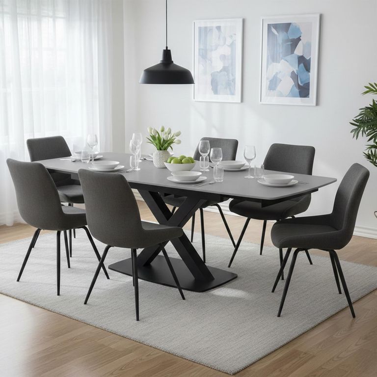 Vernal Extending Dining Set - 6-8 Seater - 160cm-240cm - Grey Sintered Stone - 6 Malcom Dark Grey Fabric Swivel Chair
