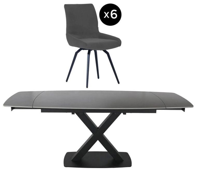 Vernal Extending Dining Set - 6-8 Seater - 160cm-240cm - Grey Sintered Stone - 6 Malcom Dark Grey Fabric Swivel Chair