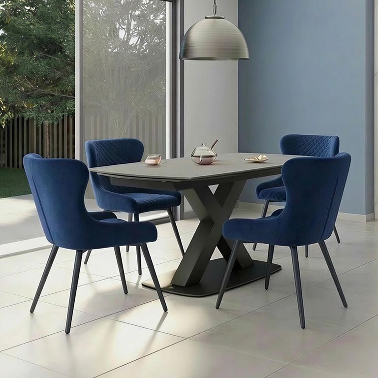 Vernal Extending Dining Set - 4-8 Seater - 140cm-200cm - Grey Sintered Stone - 4 Langley Blue Fabric Chair