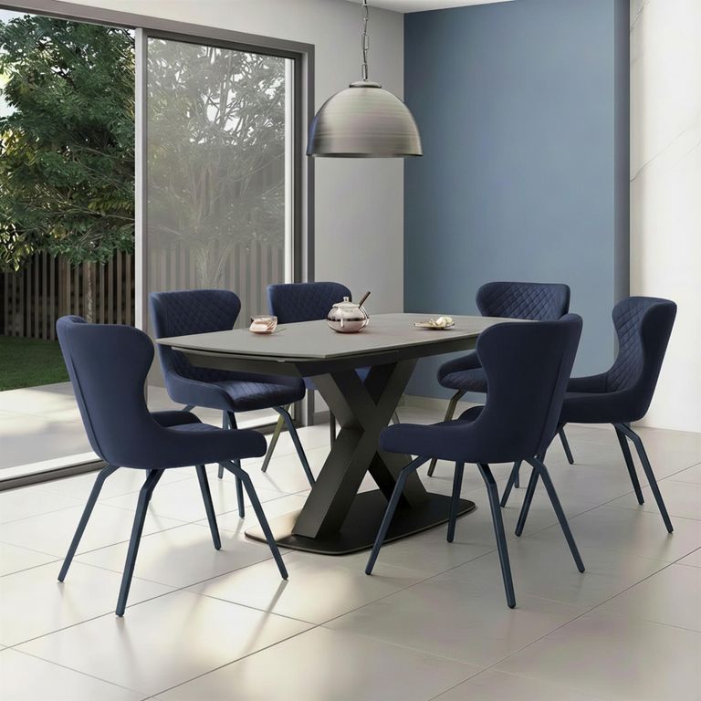 Vernal Extending Dining Set - 6-8 Seater - 160cm-240cm - Grey Sintered Stone - 6 Langley Grey Faux Leather Chair